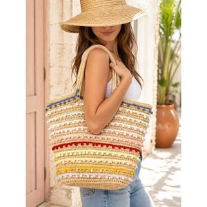 Bay Sky Rainbow Pom Pom Straw Tote Beach Bag Boho Summer Woven‎ Handbag